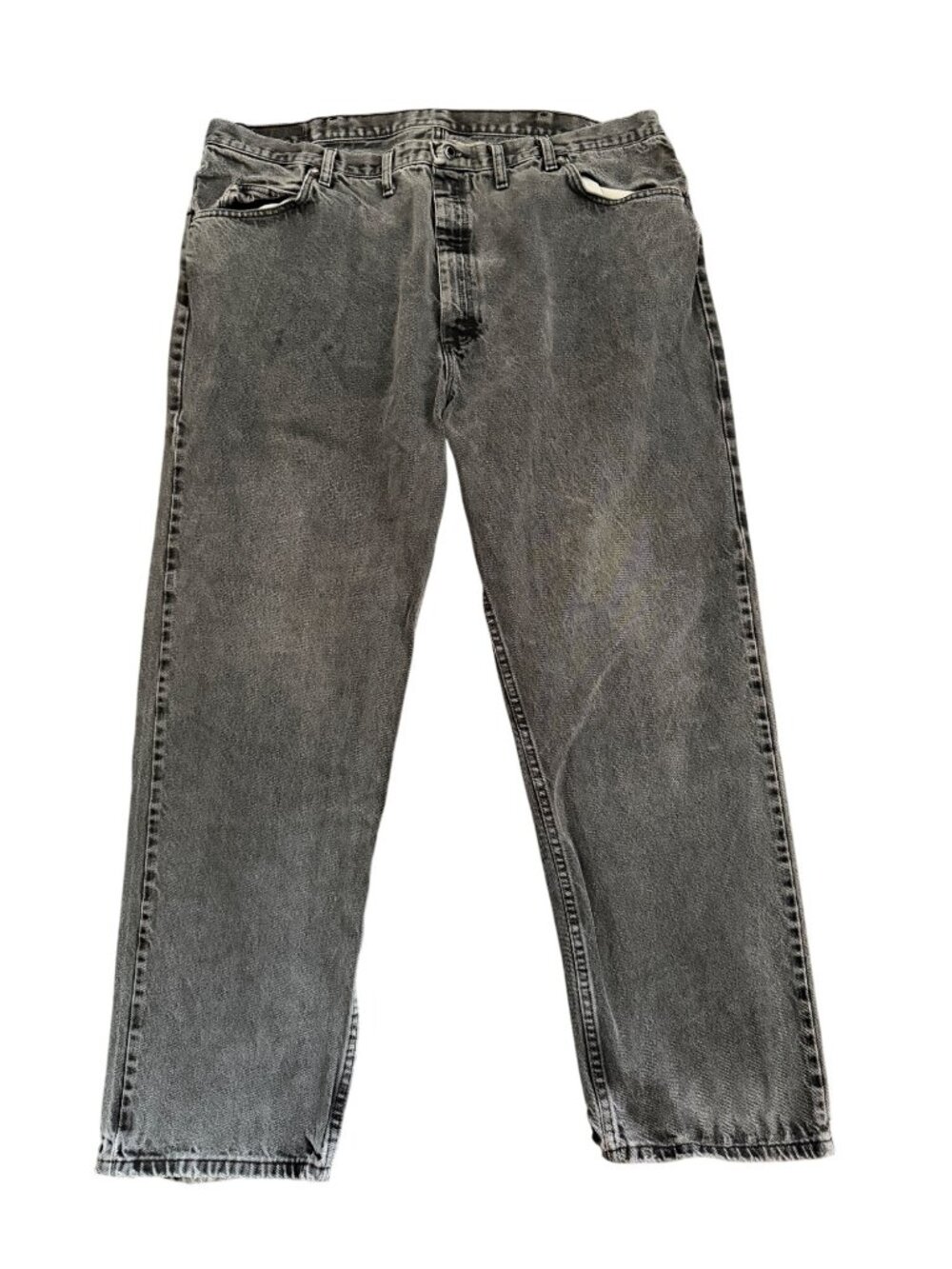 Wrangler Mens Black Denim Jeans Relaxed Fit Size 44x32 Distressed Hem 100% Cotto